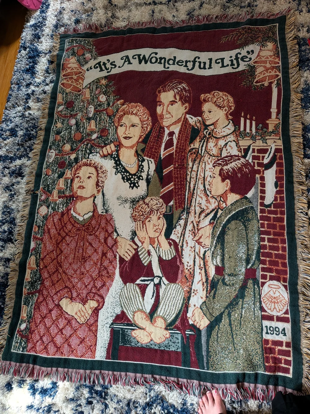 Vintage Goodwin Weaver's A Wonderful Life Holiday Throw Blanket - Burgundy/Green